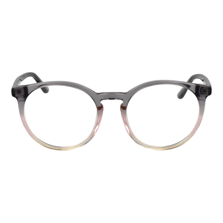 Transparent gray-pink-beige round eyeglasses in gradient plastic frame on white background