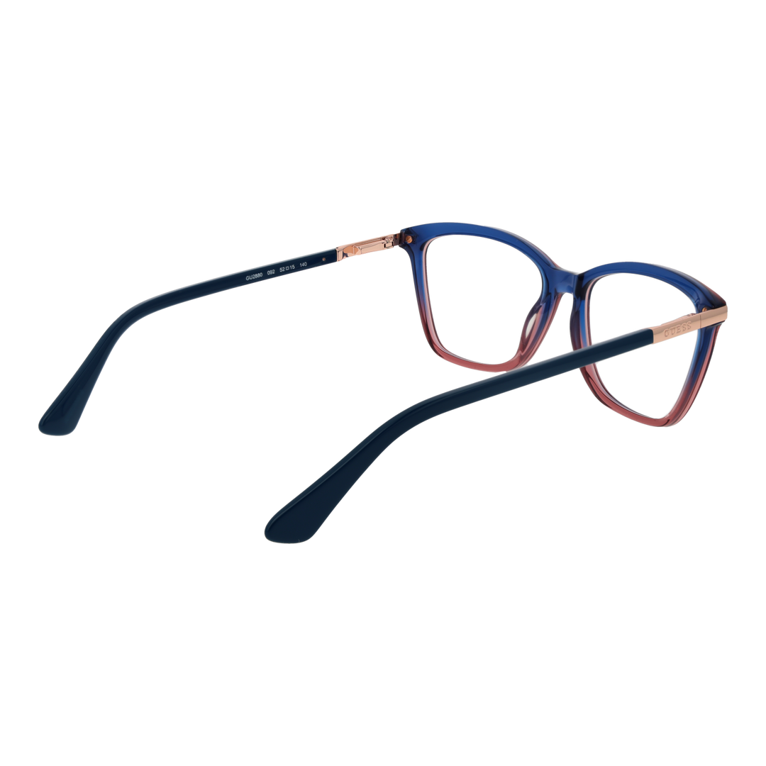 Blue-to-red gradient square eyeglasses with rose-gold metal temples on white background