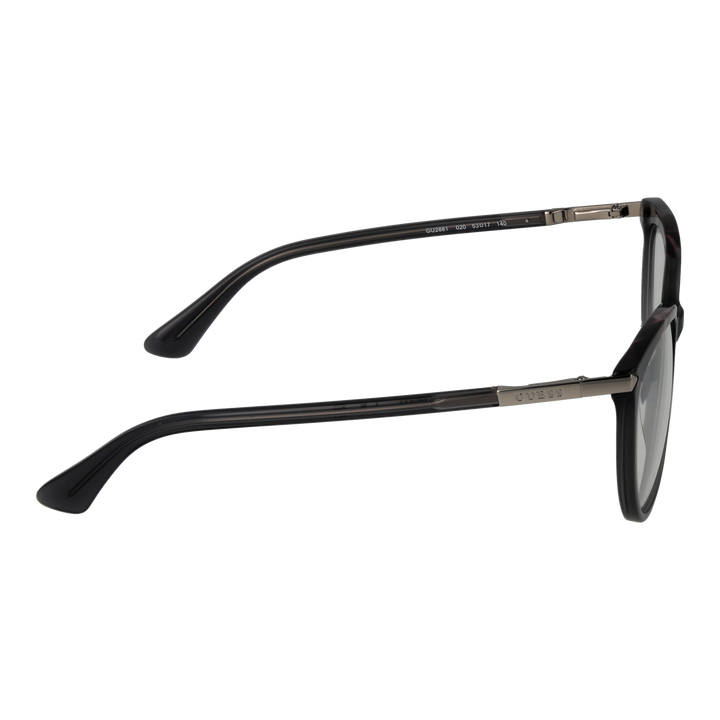 Black tortoiseshell round eyeglasses with metal temple accents and engraved brand detail