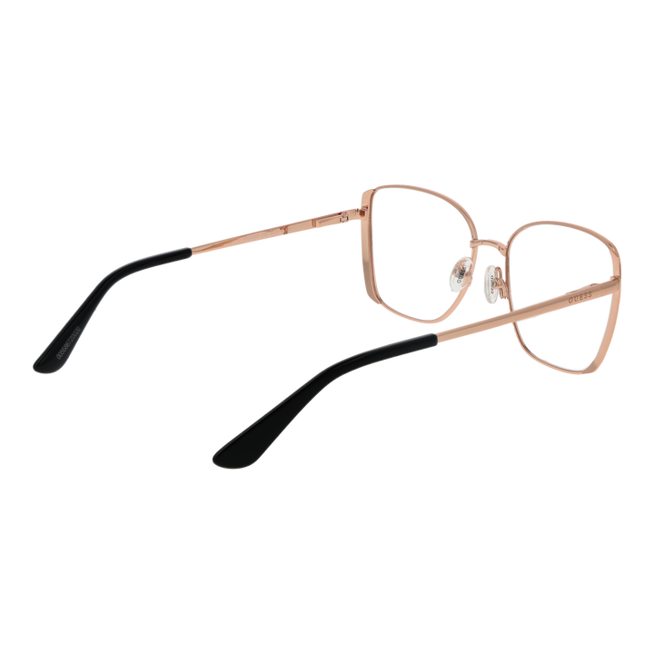 Rose gold thin metal square eyeglasses with black temple tips and adjustable nose pads on white background