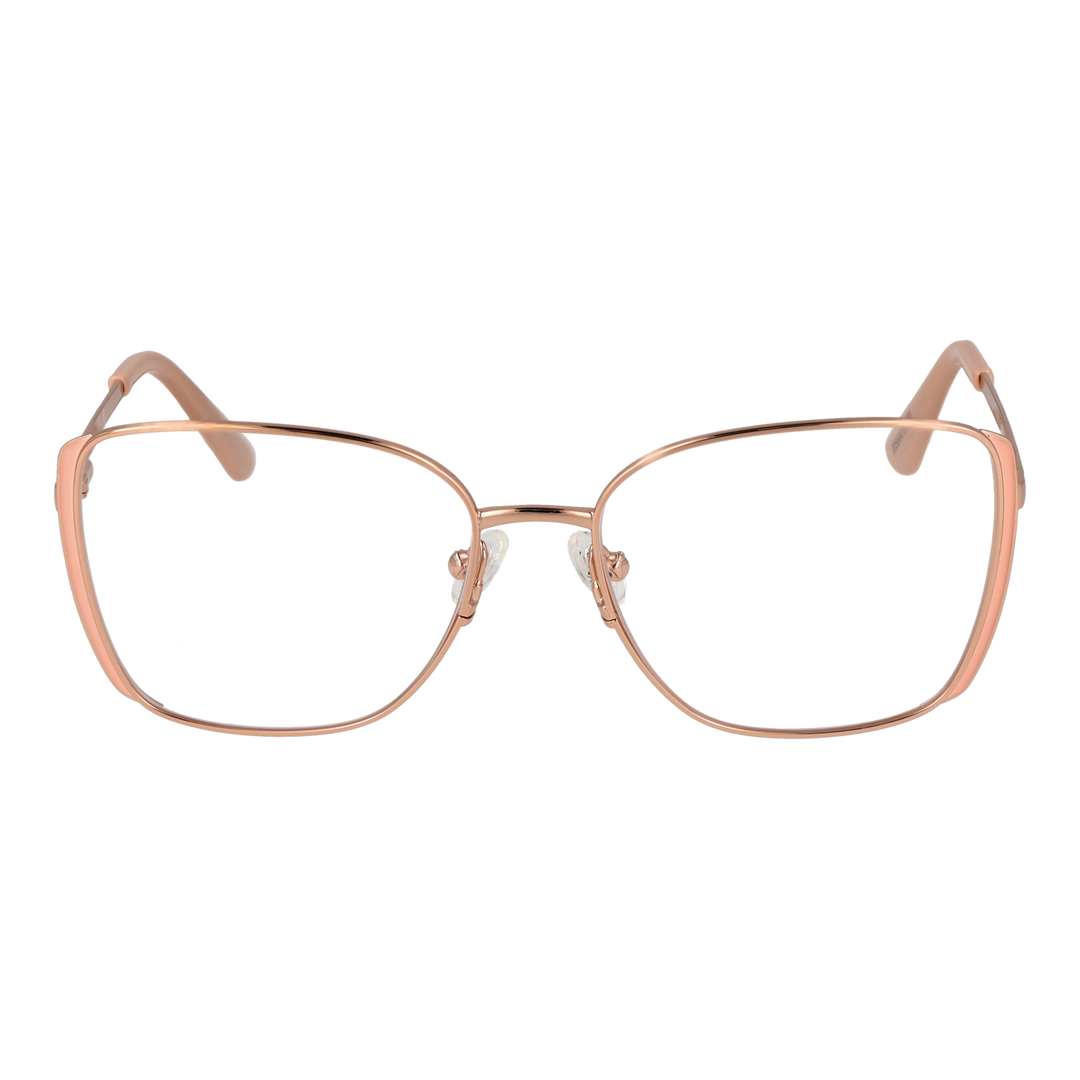 Rose gold metal eyeglasses for Women with thin square lenses and adjustable nose pads on white background