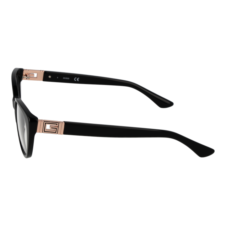 Black retro cat-eye eyeglasses with rose gold metal temple accents and clear lenses for Women
