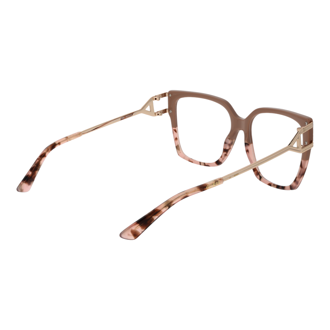 Brown tortoiseshell square eyeglasses with slim metal temples and triangular metal detail, angled view on white