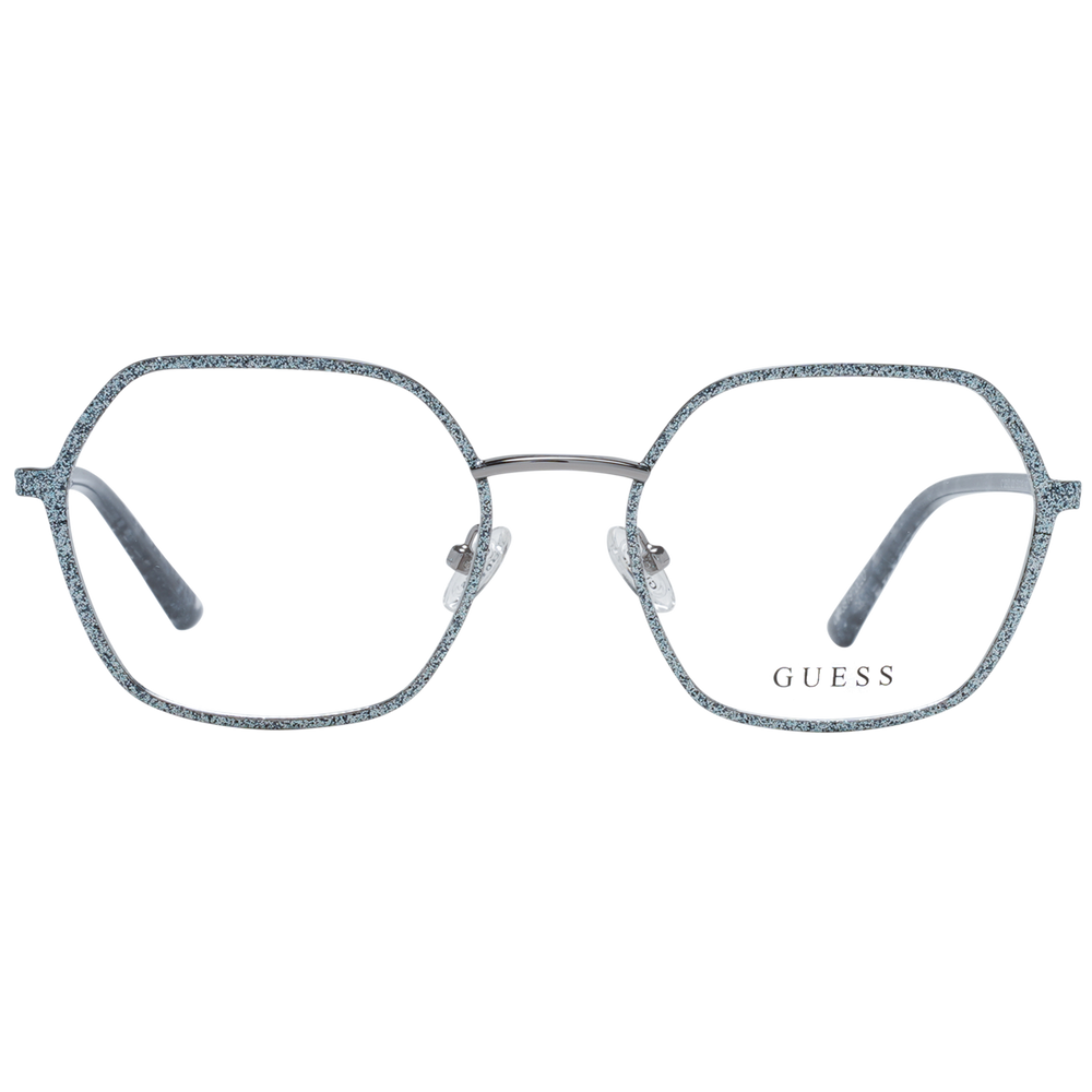 Blue metal hexagonal eyeglasses with silver glitter finish and patterned temple tips on white background