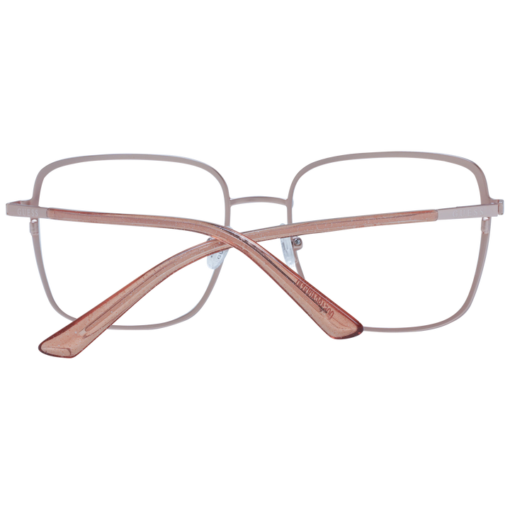 Light pink thin metal eyeglasses with square lenses and adjustable nose pads on neutral background