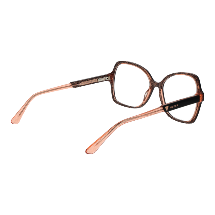 Black and translucent pink two-tone square eyeglasses, plastic frame, logo on temple, modern styling for Women
