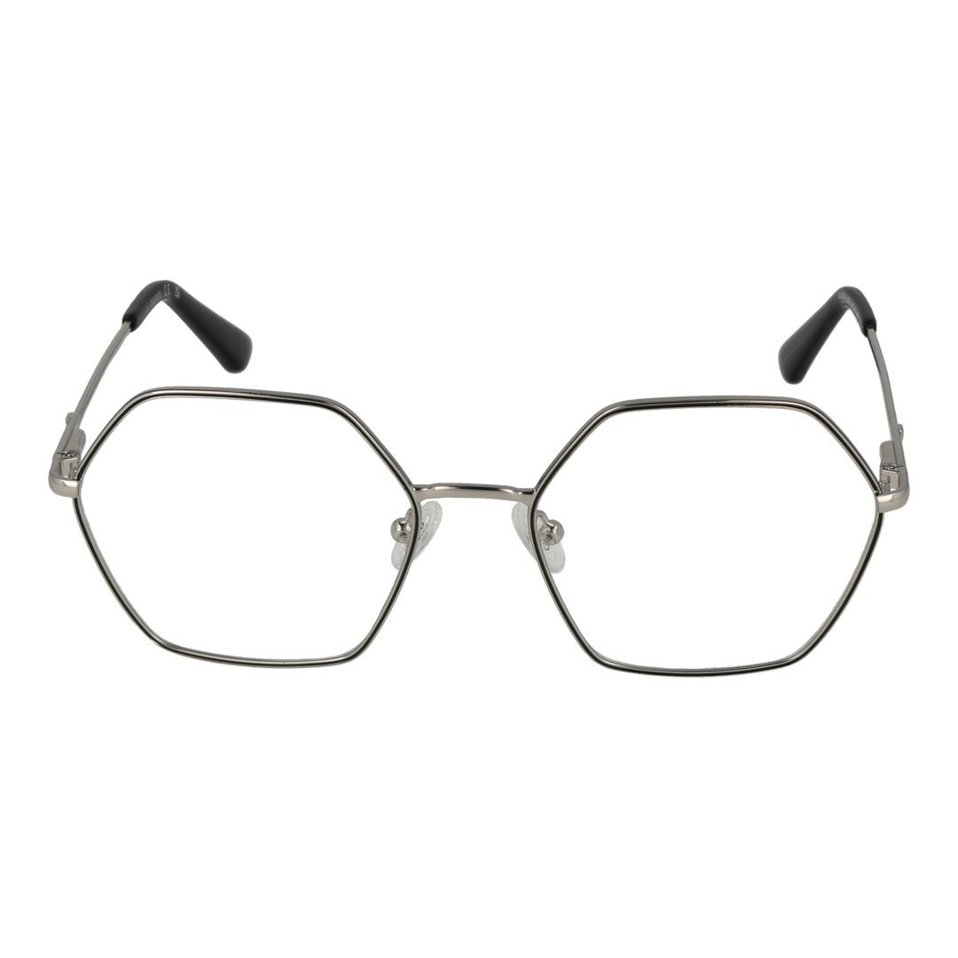 Unisex silver hexagonal metal eyeglasses with thin temples and black temple tips on white background
