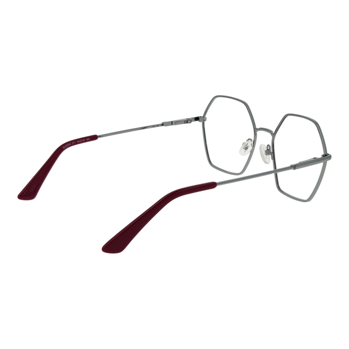 Silver hexagonal eyeglasses with thin metal frame and burgundy plastic temple tips on white background