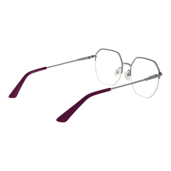 Unisex silver octagonal eyeglasses with purple accents, thin metal temples and plastic temple tips, front three-quarter view