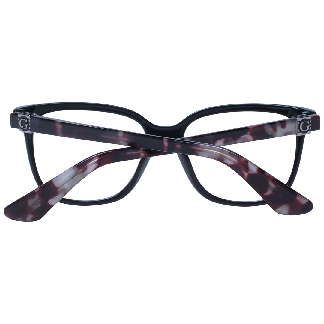 Black rectangular eyeglasses with tortoiseshell patterned temples and logo hinge detail viewed three-quarter