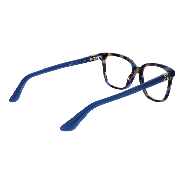 Blue and tortoise patterned square eyeglasses with solid blue temples and metal logo detail