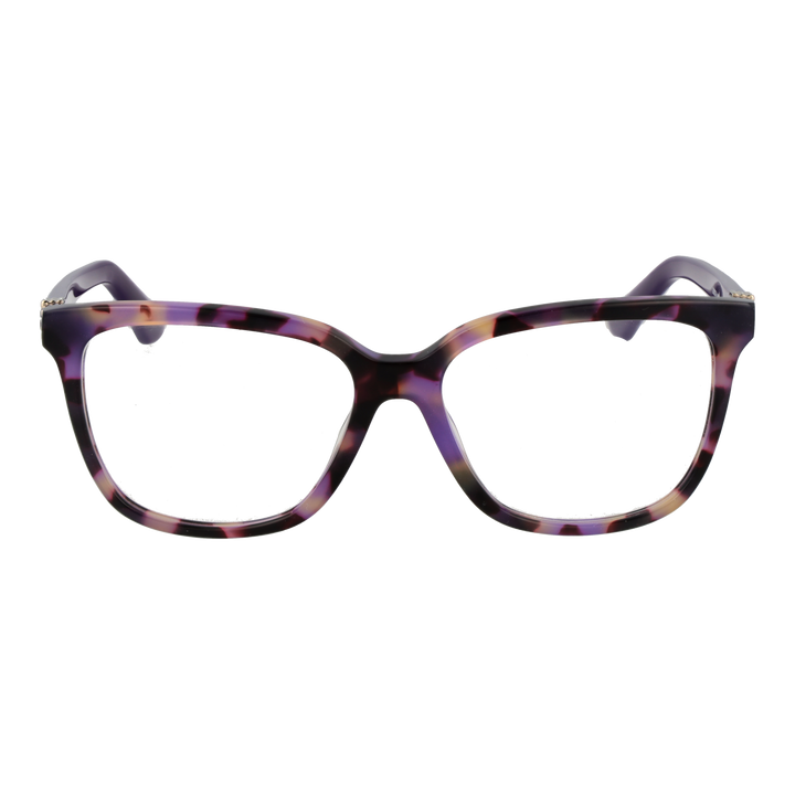 Front and three-quarter view of tortoiseshell square eyeglasses with metal logo temples in purple, black, pink tones
