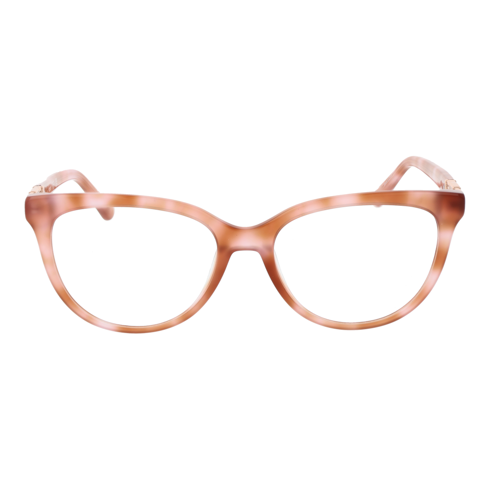 Brownish-pink plastic cat-eye eyeglasses with decorative gold emblem on temples, full-rim frame