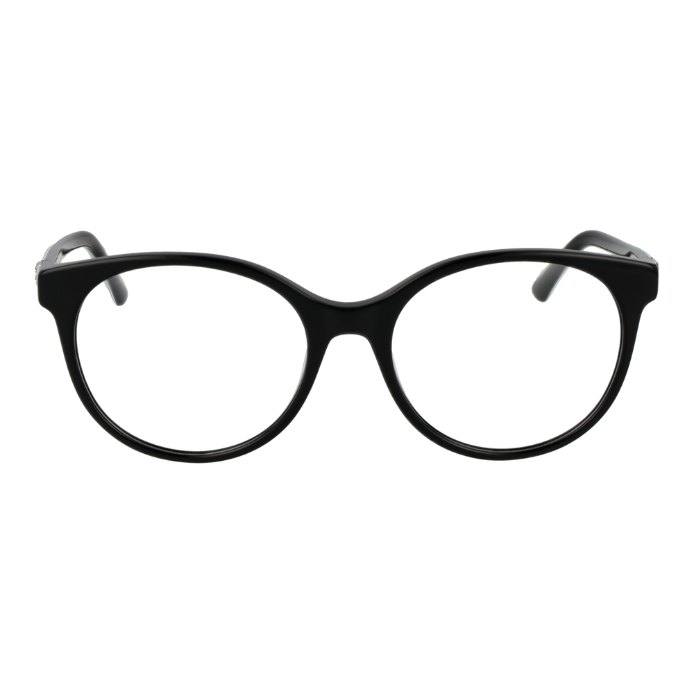 Black round full-rim eyeglasses with leopard-print temples and logo detail, modern fashionable Women’s frame