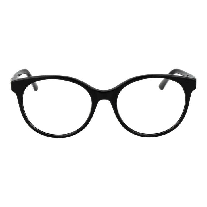 Black round full-rim eyeglasses with leopard-print temples and logo detail, modern fashionable Women’s frame