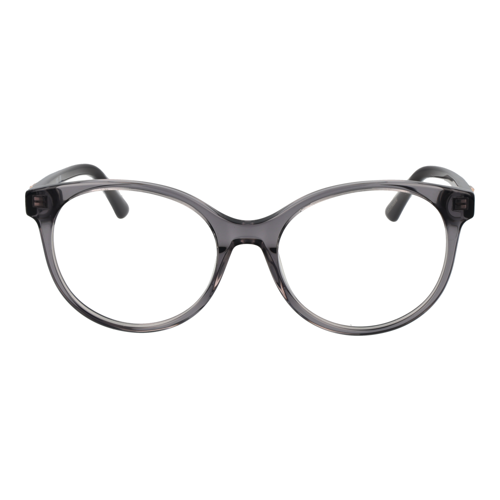 Black and transparent gray plastic round eyeglasses with logo on temples, modern women's optical frame