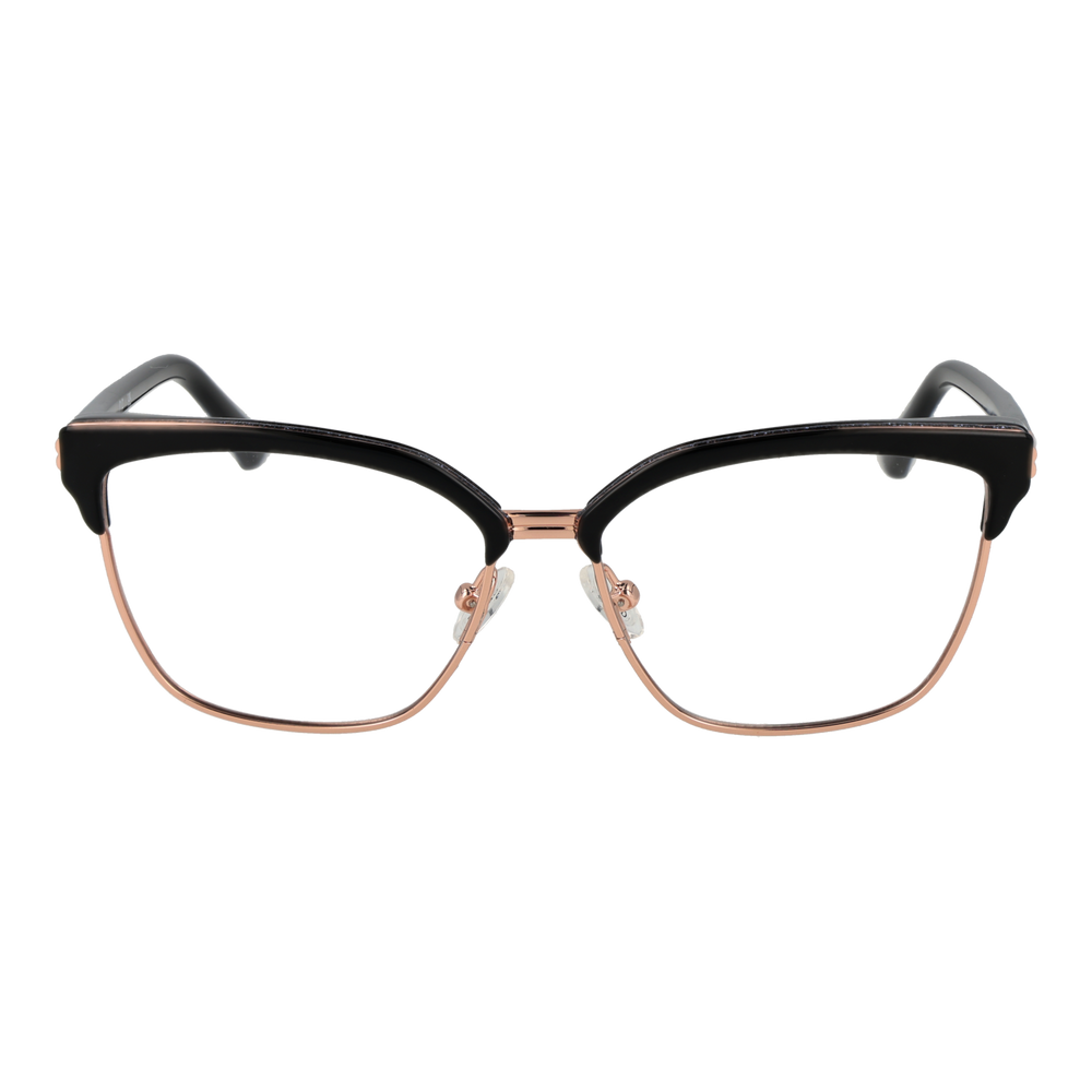Black metal cat-eye eyeglasses with rose gold accents and plastic temple tips on neutral background