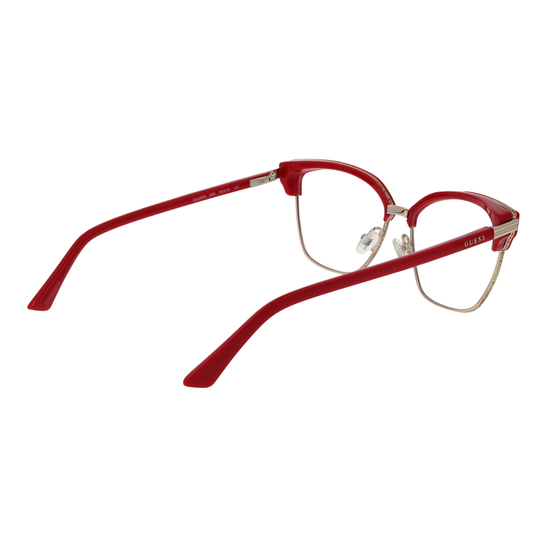 Red cat-eye eyeglasses with gold metal frame and plastic temple tips shown front-on
