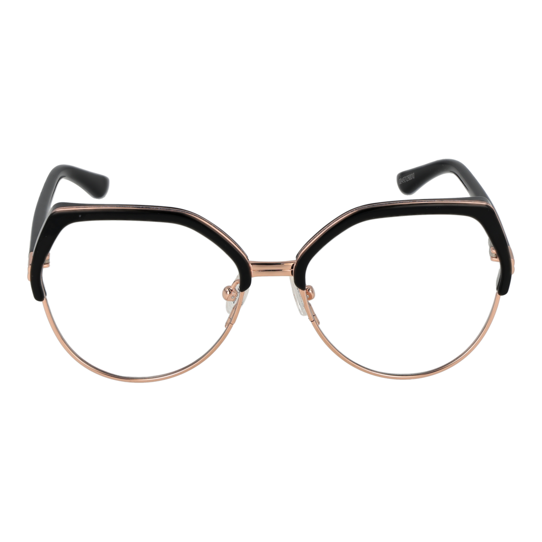 Black and rose gold geometric round eyeglasses; thin metal bridge and thick upper rim on neutral background