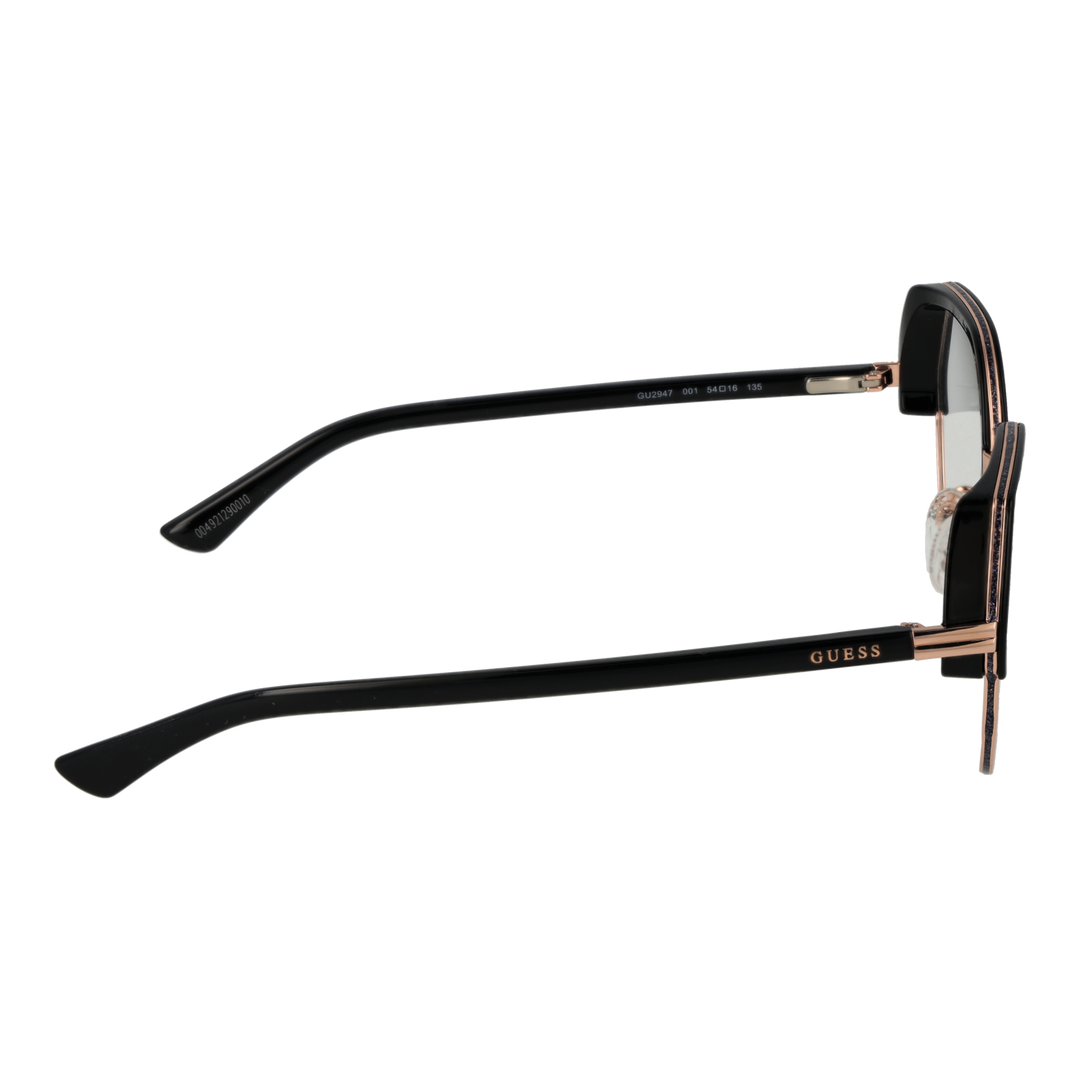 Black and rose gold geometric round eyeglasses; thin metal bridge and thick upper rim on neutral background
