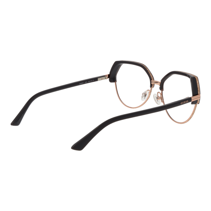 Black and rose gold geometric eyeglasses with thin metal frame and thick upper rim, round lenses, adjustable nose pads