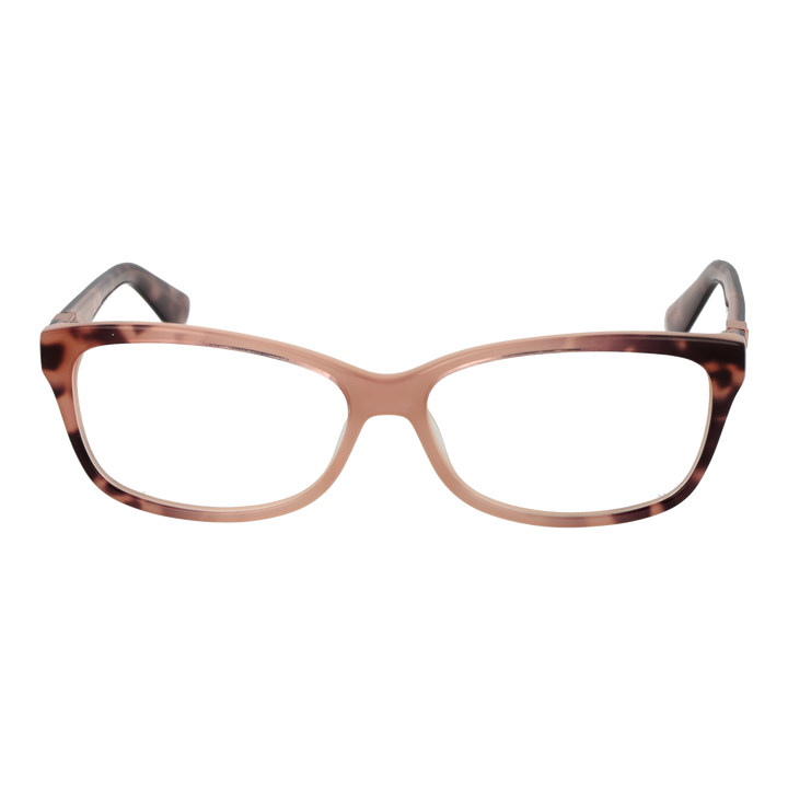 Brown and pink tortoiseshell rectangular eyeglasses in glossy plastic with metal logo on temples