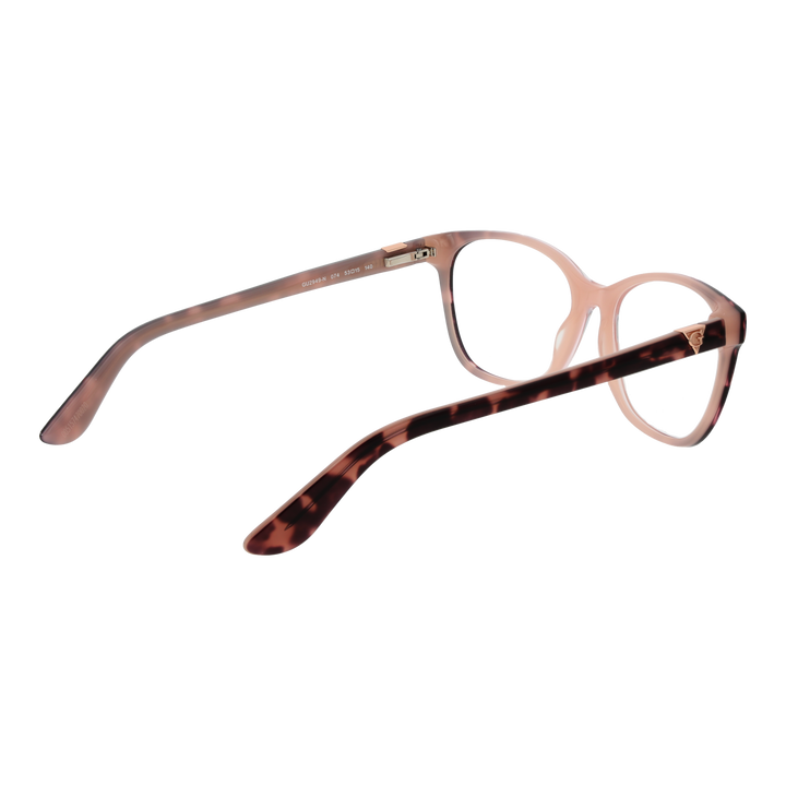 Pink and tortoiseshell full-rim rectangular eyeglasses with decorative metal logo on temples