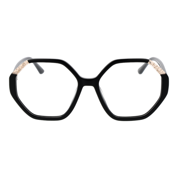 Black hexagonal eyeglasses with gold corner accents and small gold &