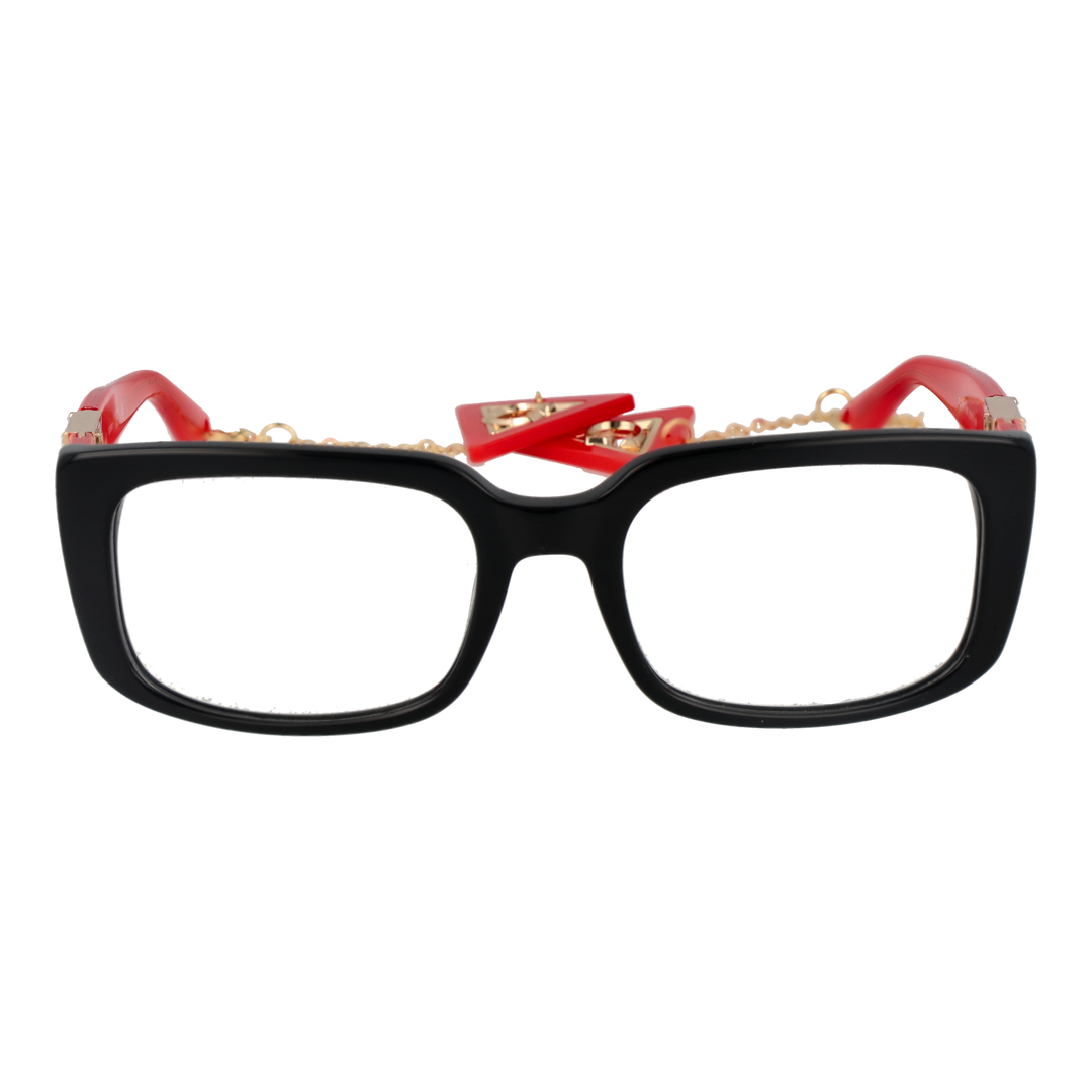 Black and red rectangular eyeglasses with gold emblem on temples and attached metal chain, front three-quarter view