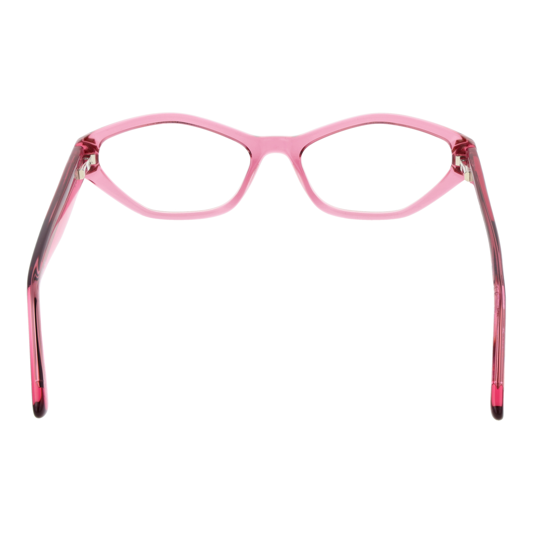 Transparent pink cat-eye eyeglasses in plastic with decorative side accents on neutral background