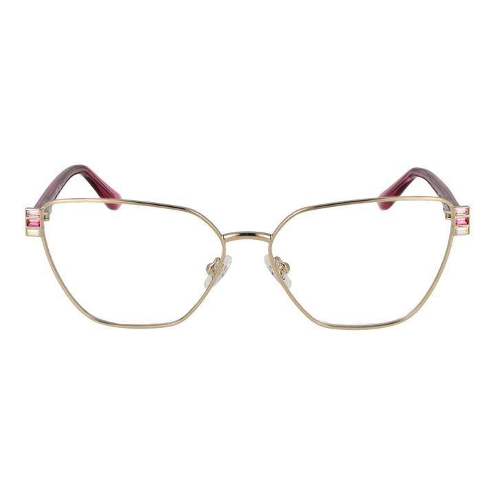 Gold rectangular eyeglasses with pink accents and decorative stones on the corners, metal frame and plastic arms
