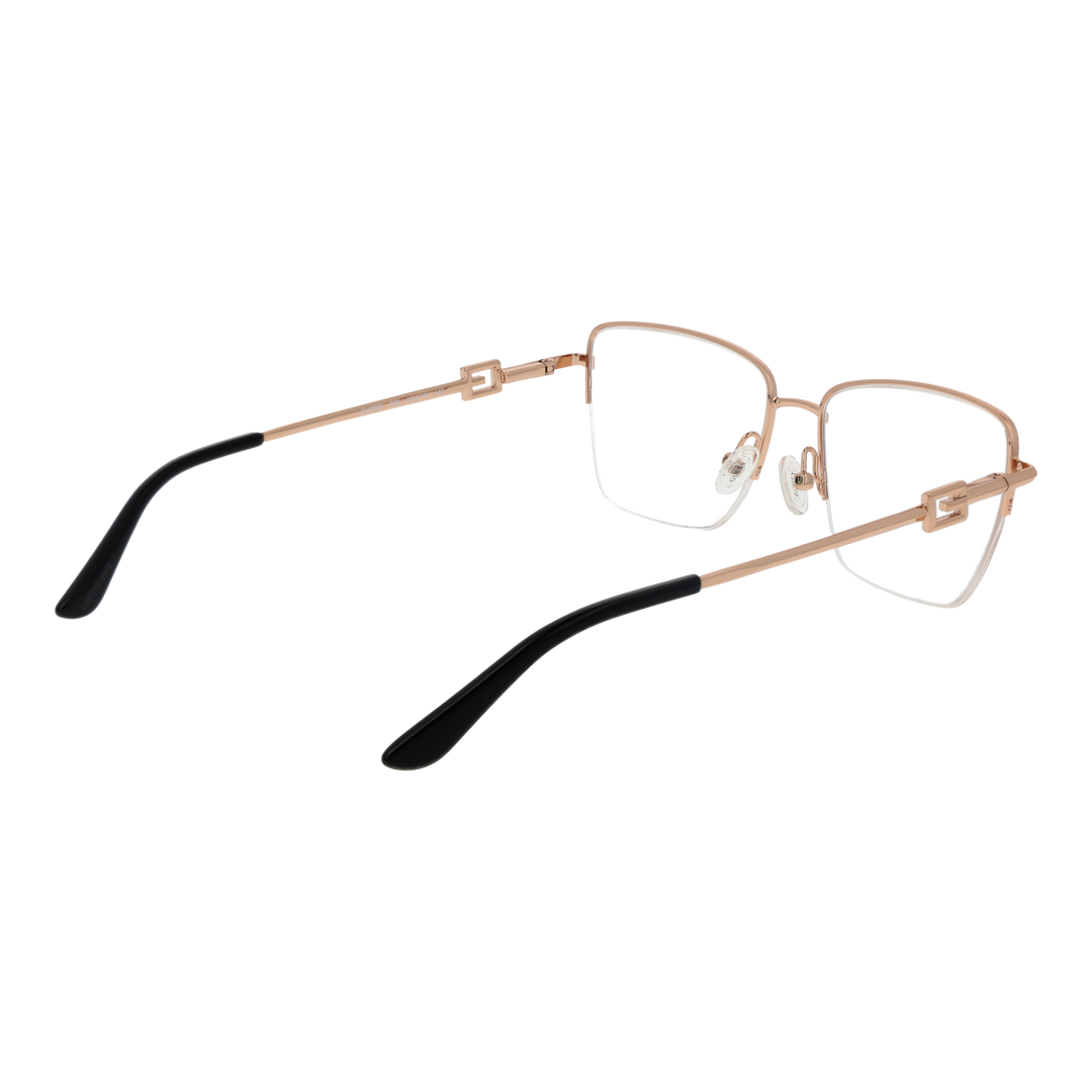 Rose gold and black metal rectangular eyeglasses with decorative hinge and adjustable nose pads on white background