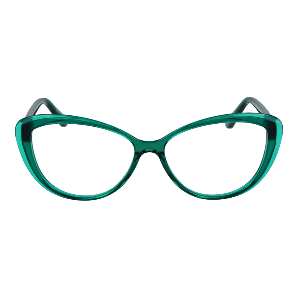 Transparent green plastic cat-eye eyeglasses with metallic logo on temples, retro shape for Women, lightweight frame