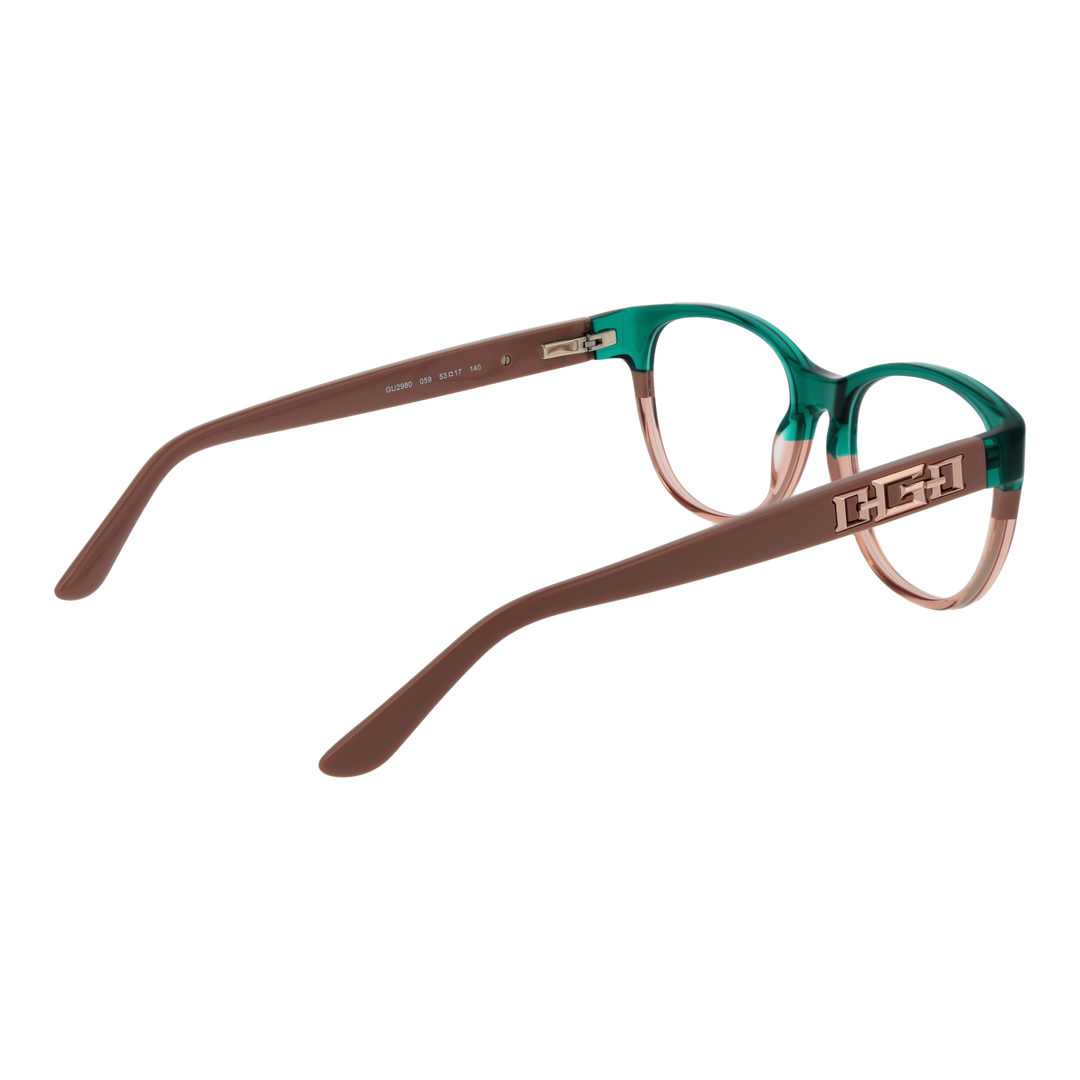 Green and brown two-tone cat-eye eyeglasses in plastic with metal logo on temples, front three-quarter view