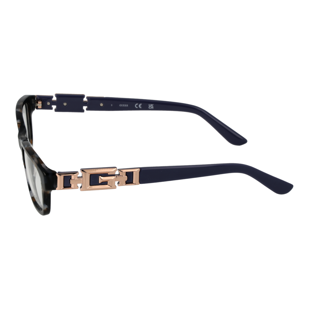 Tortoise shell rectangular eyeglasses with dark blue arms and rose-gold chain-link temple accents
