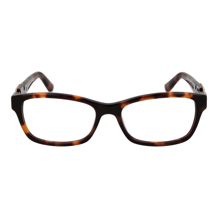 Tortoise shell rectangular eyeglasses for Women with gold temple detail on neutral background