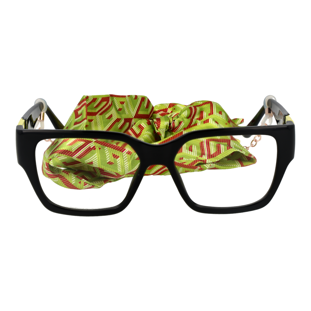 Black rectangular full-rim eyeglasses with colorful temple accents, decorative &