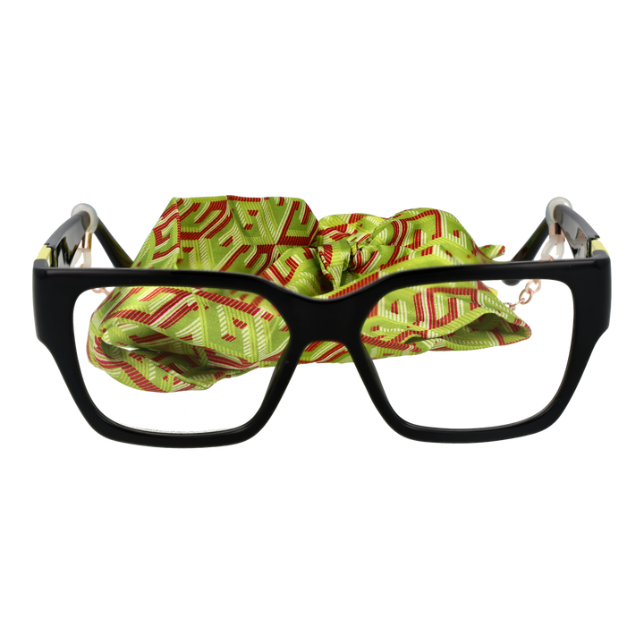 Black rectangular full-rim eyeglasses with colorful temple accents, decorative &