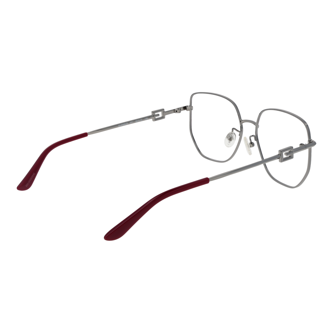 Silver metal square eyeglasses for Women with clear lenses and decorative temple logos