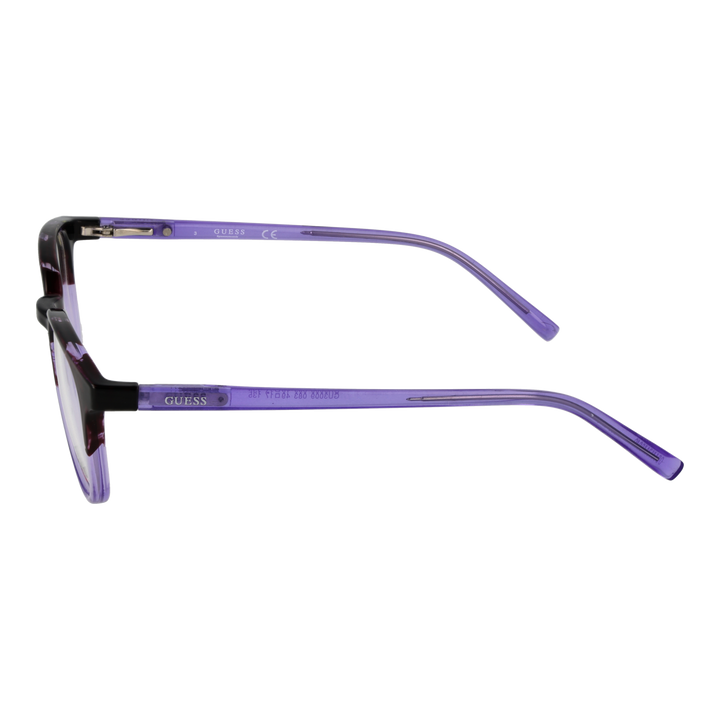 Guess eyeglasses for Women in black and purple full-rim plastic with rectangular lenses on neutral background