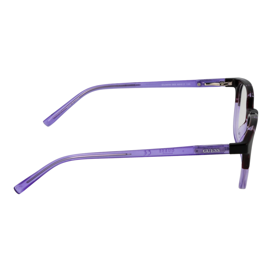 Guess eyeglasses for Women in black and purple full-rim plastic with rectangular lenses on neutral background
