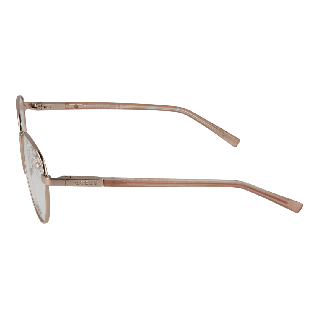 Rose gold round metal eyeglasses with thin rims and transparent temple tips on white background