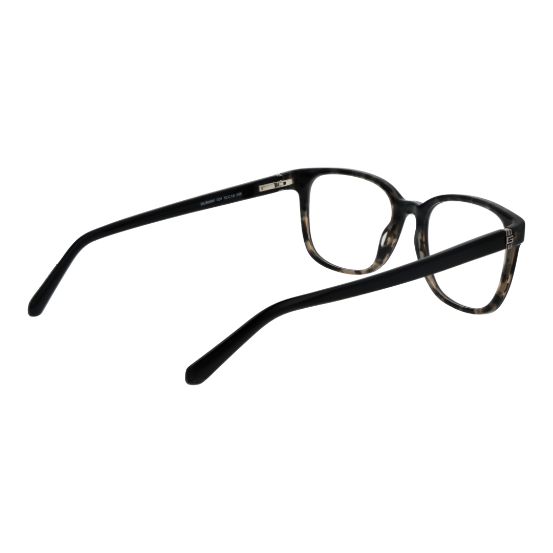 Unisex rectangular tortoiseshell full-rim plastic eyeglasses with visible brand logo on temple