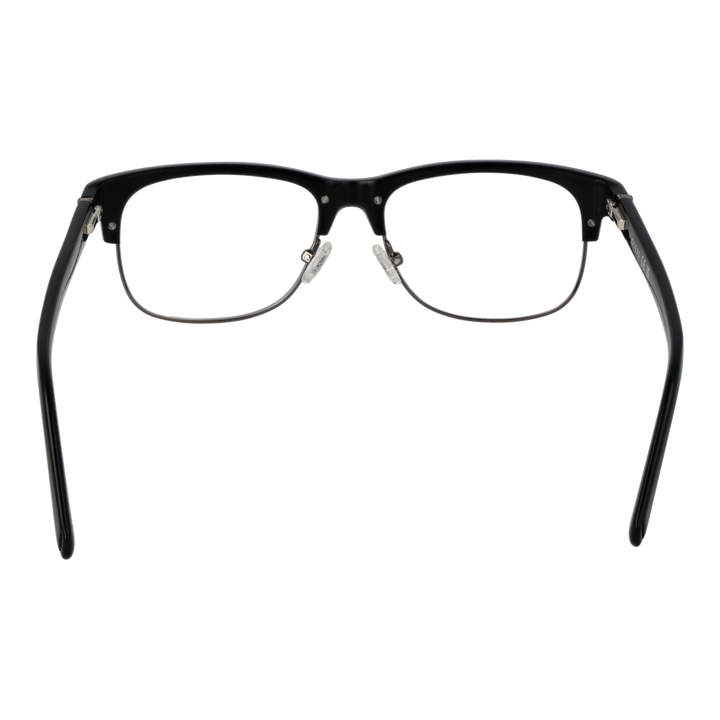 Black and silver semi-rimless eyeglasses with rectangular lenses, plastic upper frame and metal lower rim