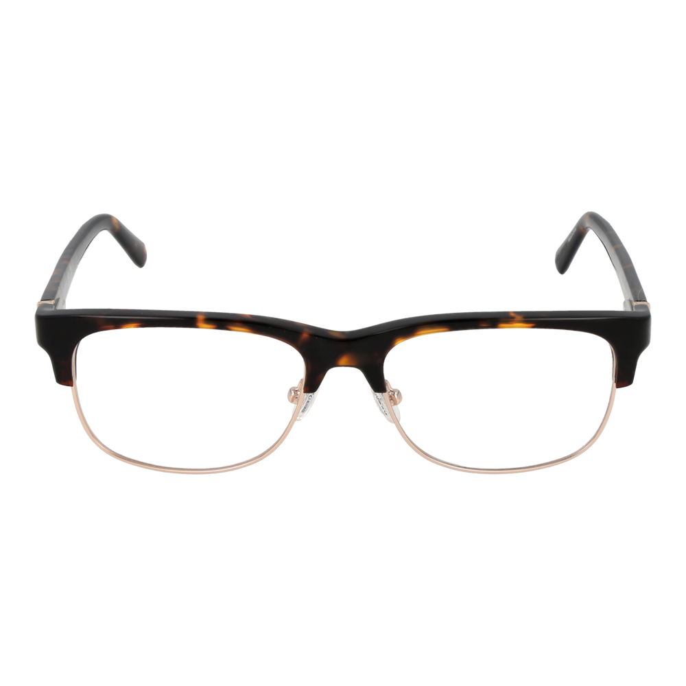 Unisex tortoise-pattern semi-rimless eyeglasses with gold metal temples and rectangular lenses on white background