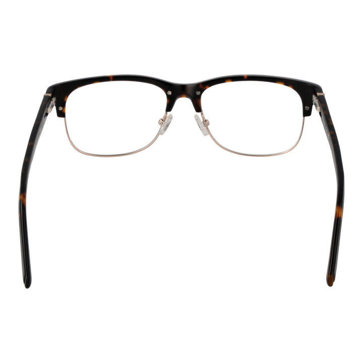 Unisex tortoise-pattern semi-rimless eyeglasses with gold metal temples and rectangular lenses on white background