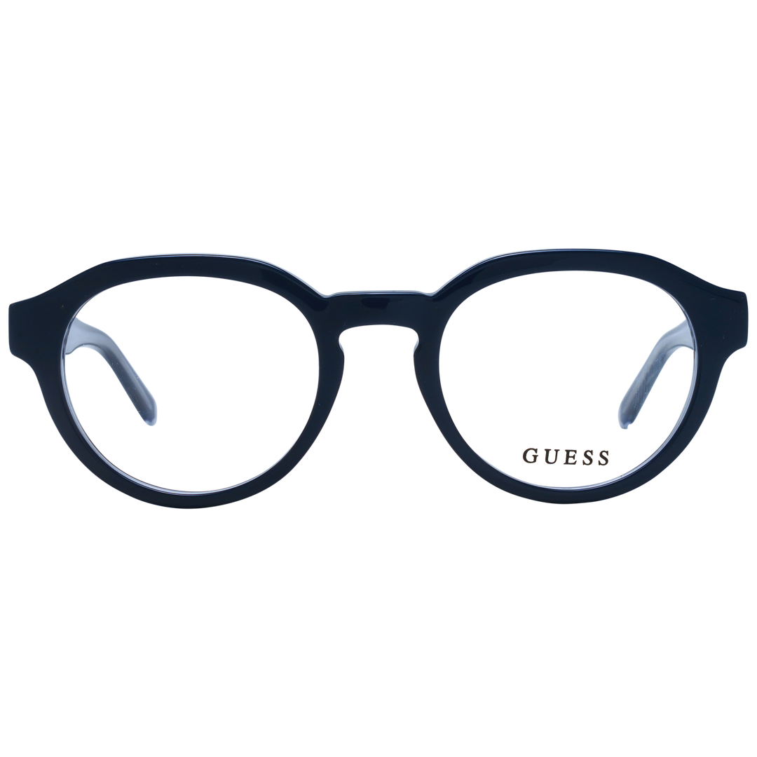 Unisex Guess black round plastic eyeglasses with clear lenses and logo-detail temples, front three-quarter view