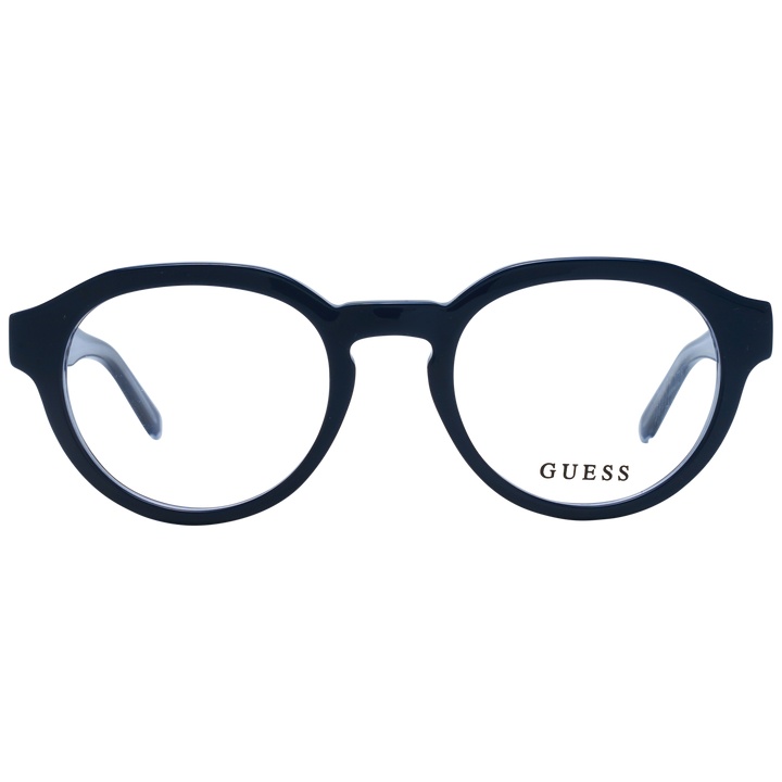Unisex Guess black round plastic eyeglasses with clear lenses and logo-detail temples, front three-quarter view
