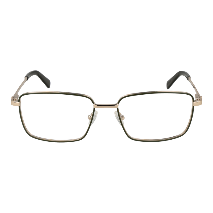 Unisex gold metal rectangular eyeglasses with thin frame, black temple tips, and adjustable nose pads