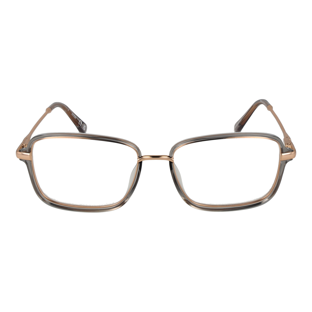 Transparent rectangular eyeglasses with clear front and thin gold metal temples on white background